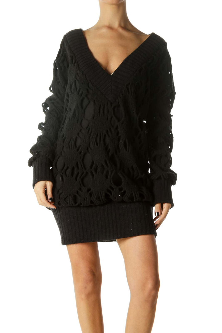 Black V-Neck Long Sleeve Knit Dress