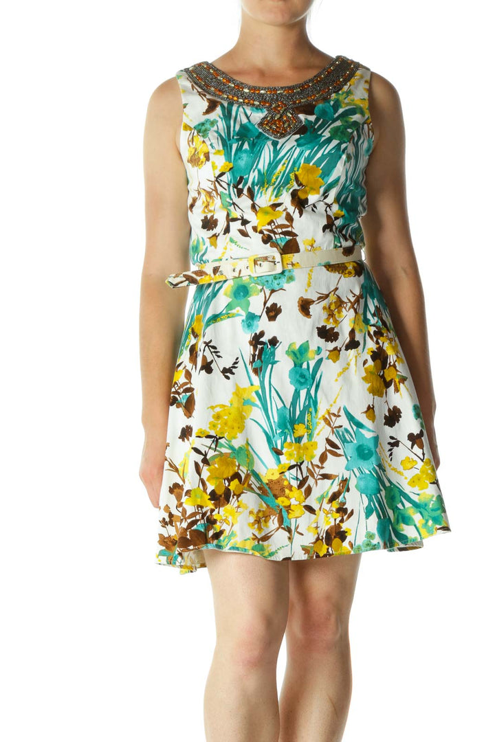 White Green Embellished & Floral Belt Midi Dress