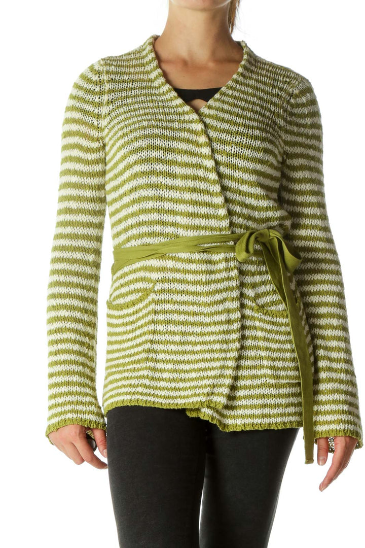 Green&White Waist Tie Cardigan