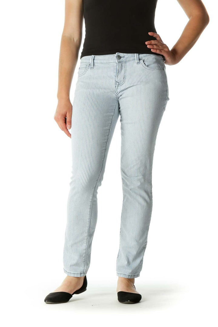 Blue White Striped Stretch Tapered Pants