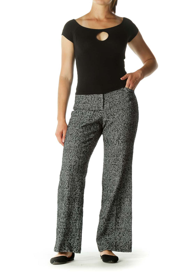 Black White Wool Blend Textured Pattern Pants