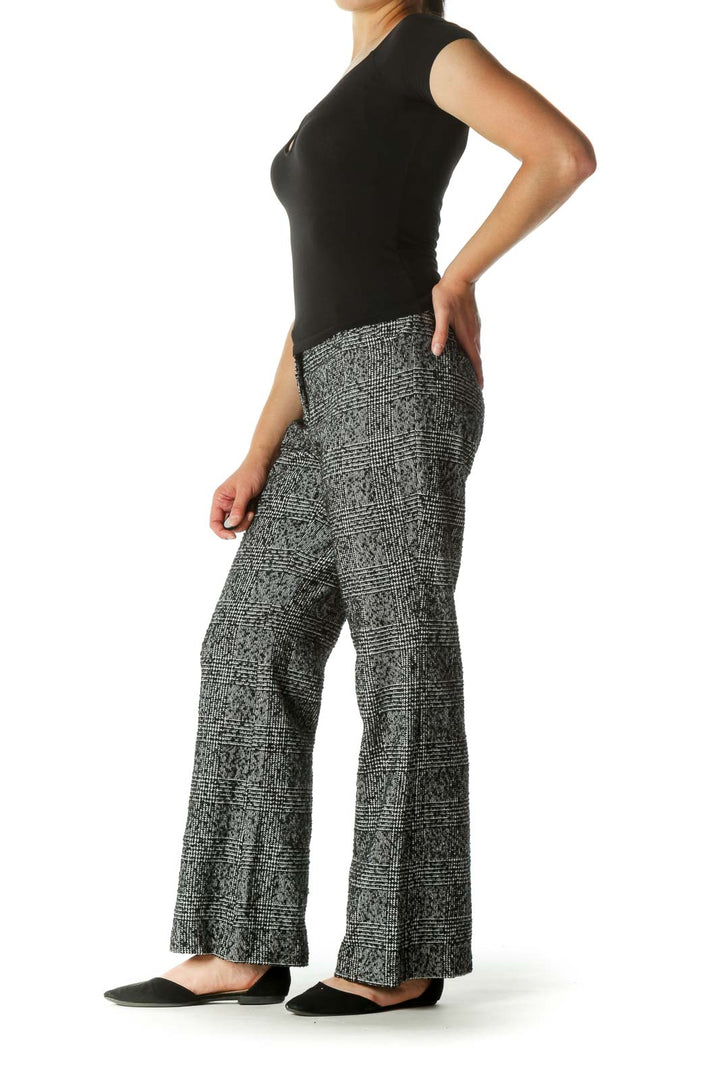 Black White Wool Blend Textured Pattern Pants