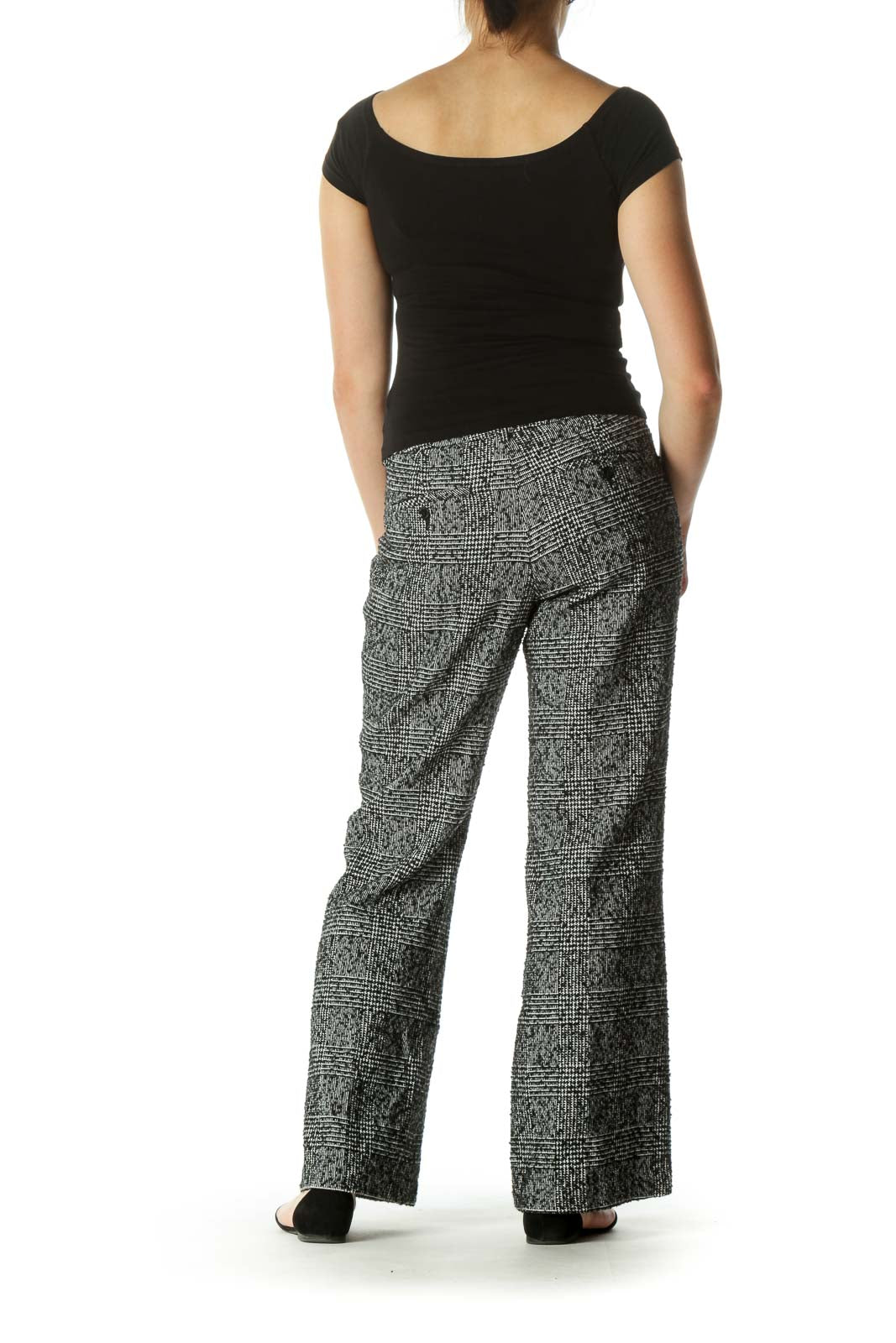 Black White Wool Blend Textured Pattern Pants