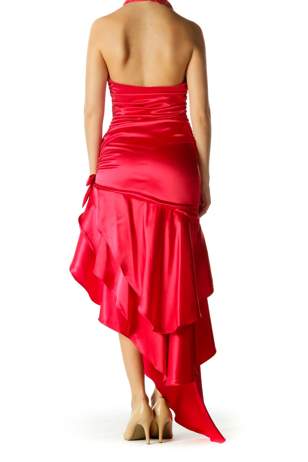 Red Ruched Layered Asymmetric Halter Evening Dress