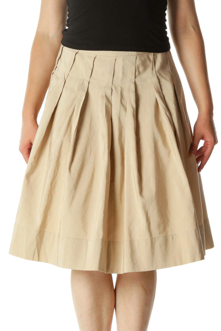 Beige Textured Pleated Cinched-Waist Flared Skirt