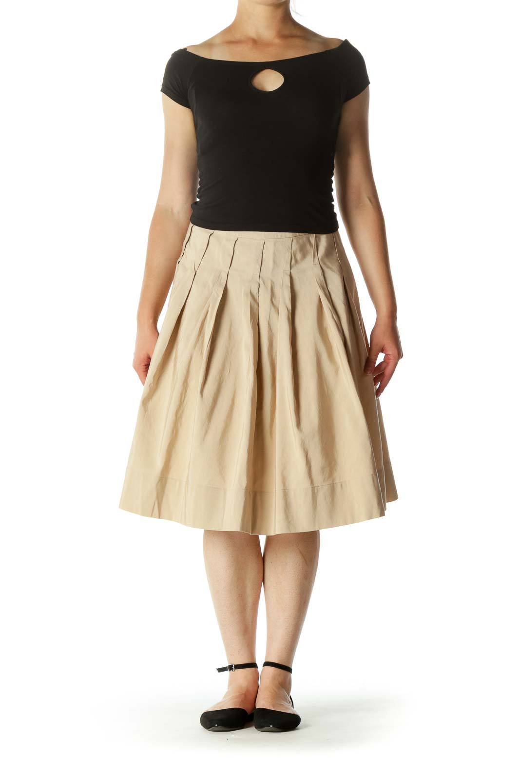 Beige Textured Pleated Cinched-Waist Flared Skirt