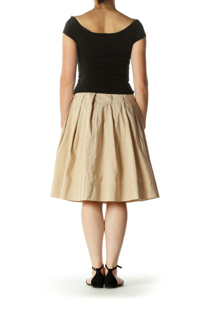 Beige Textured Pleated Cinched-Waist Flared Skirt