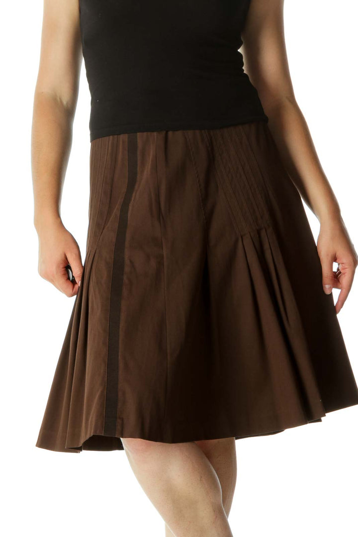 Brown Cinched-Waist Pleated A-Line Flared Skirt