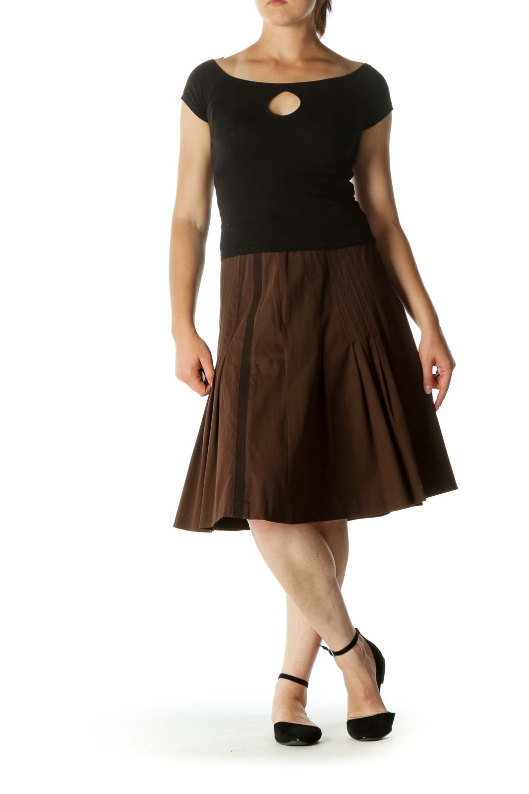 Brown Cinched-Waist Pleated A-Line Flared Skirt