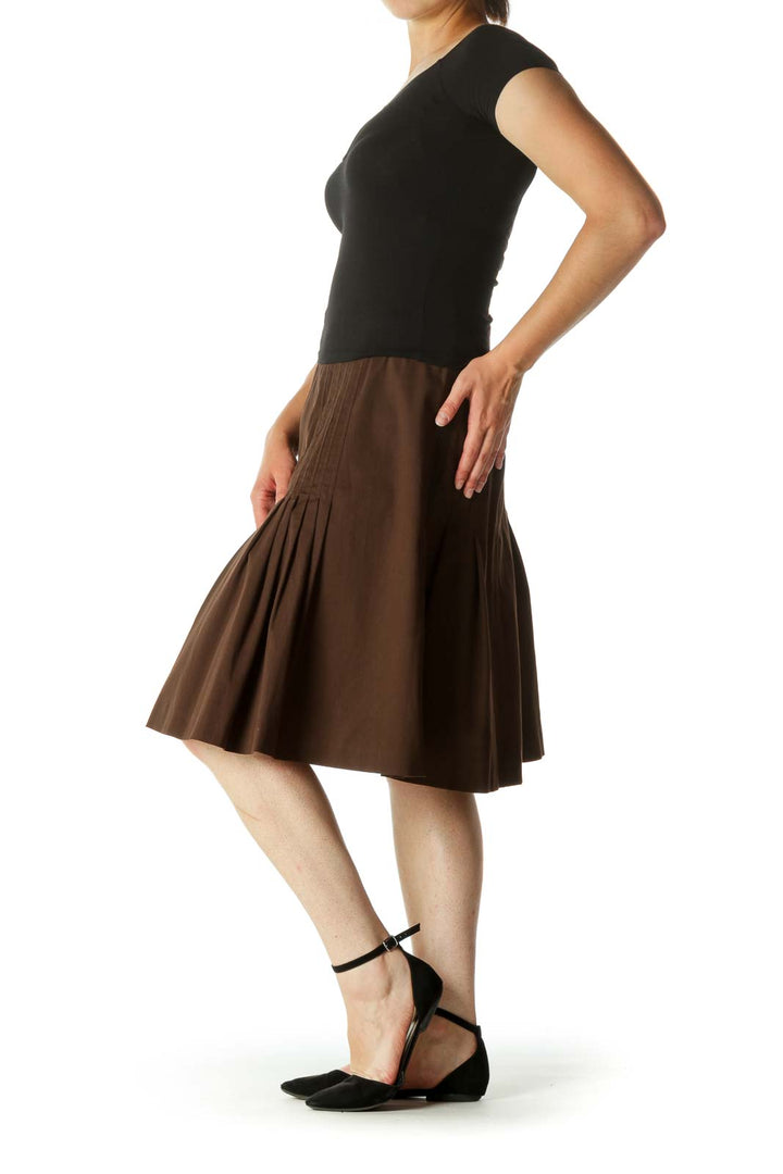 Brown Cinched-Waist Pleated A-Line Flared Skirt