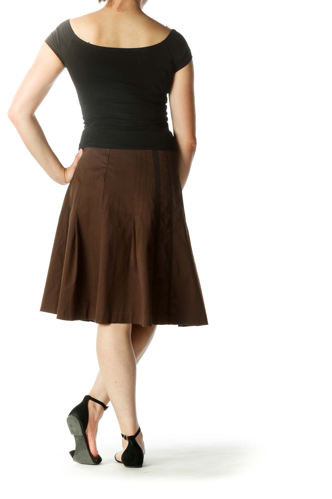 Brown Cinched-Waist Pleated A-Line Flared Skirt