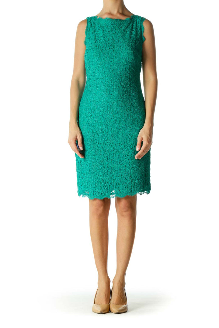 Green Lace Back-V-Neck Fitted Dress