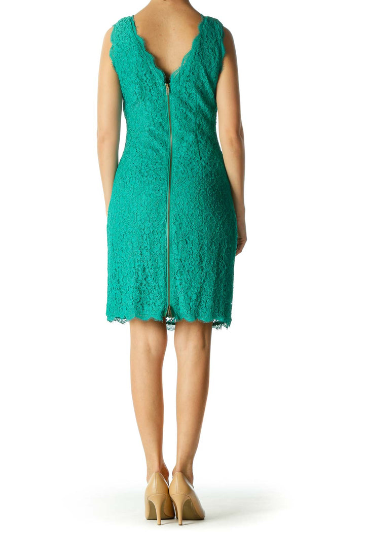 Green Lace Back-V-Neck Fitted Dress