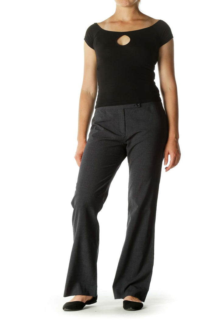 Blue Black Wool Blend Buttoned Straight Leg Pants