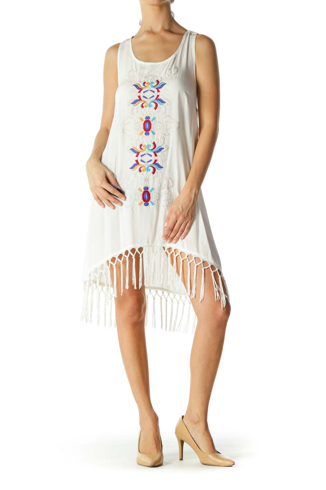 White Color Embroidered & Tassel Dress