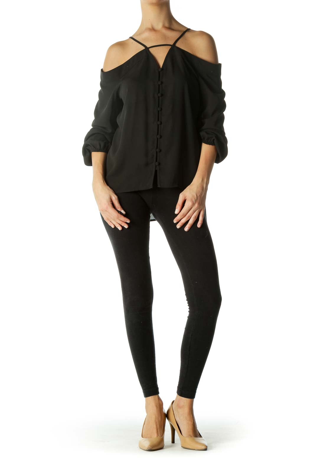 Black Open-Shoulder Button Down Blouse