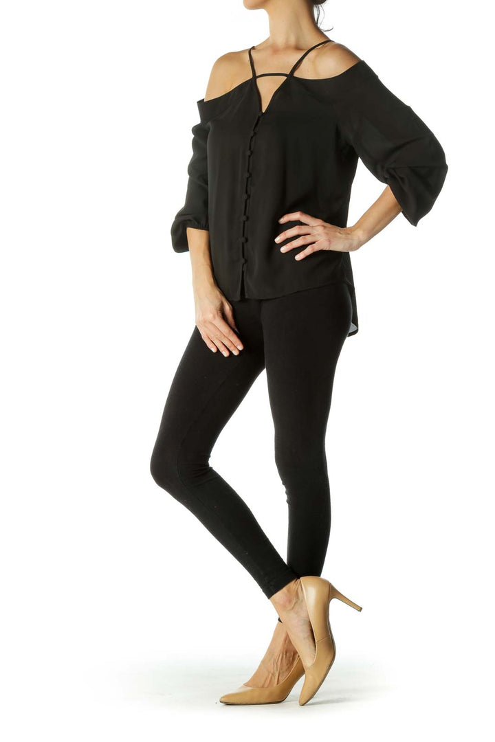 Black Open-Shoulder Button Down Blouse