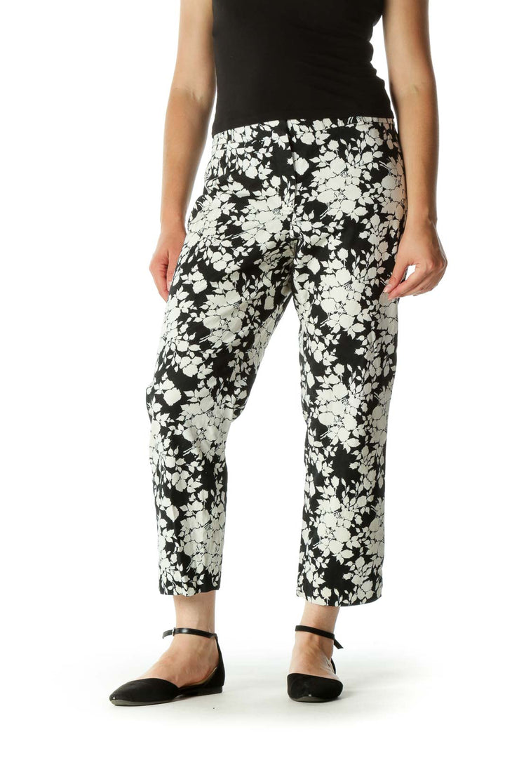 Black Cream Floral Print Stretch Tapered Pants