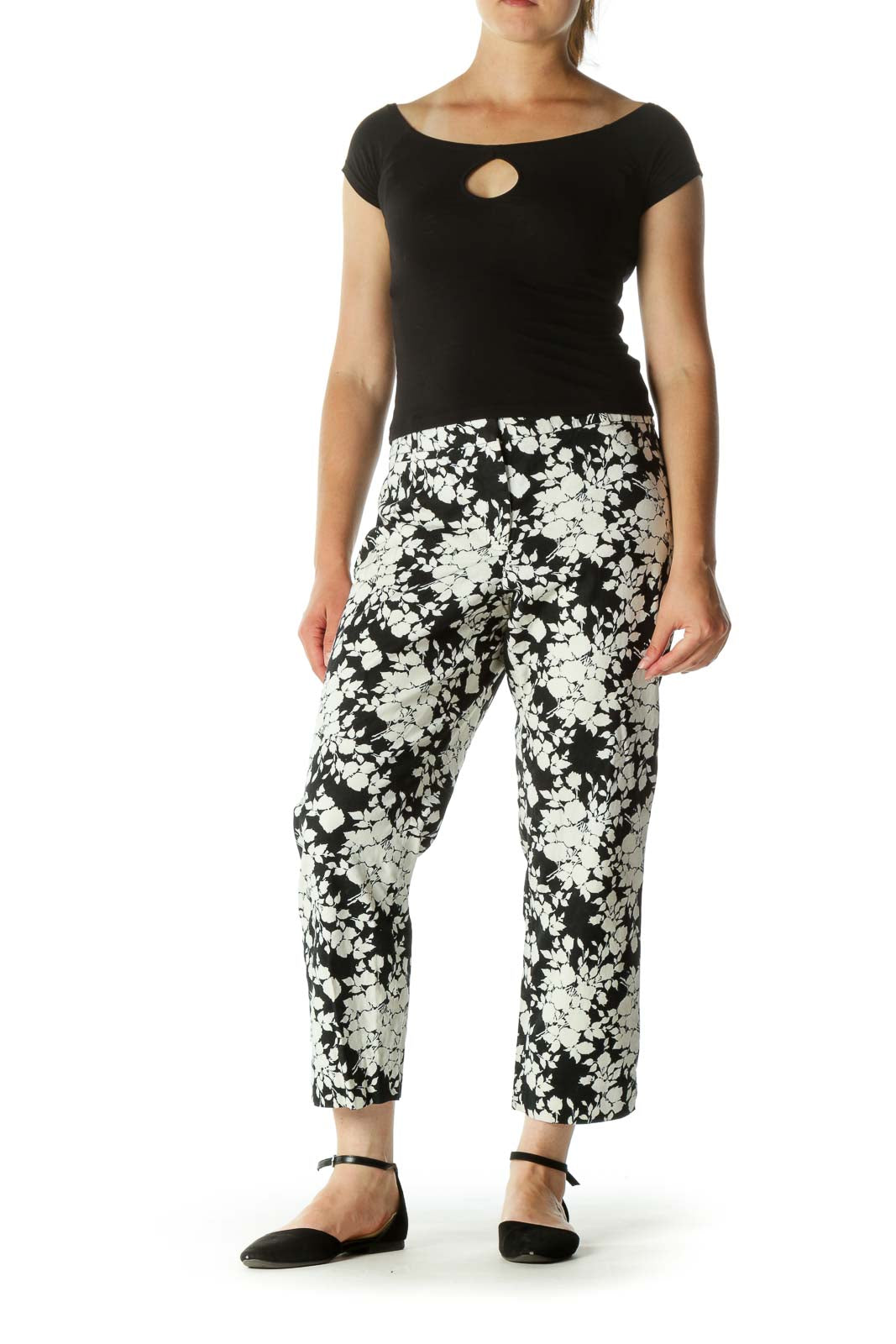 Black Cream Floral Print Stretch Tapered Pants