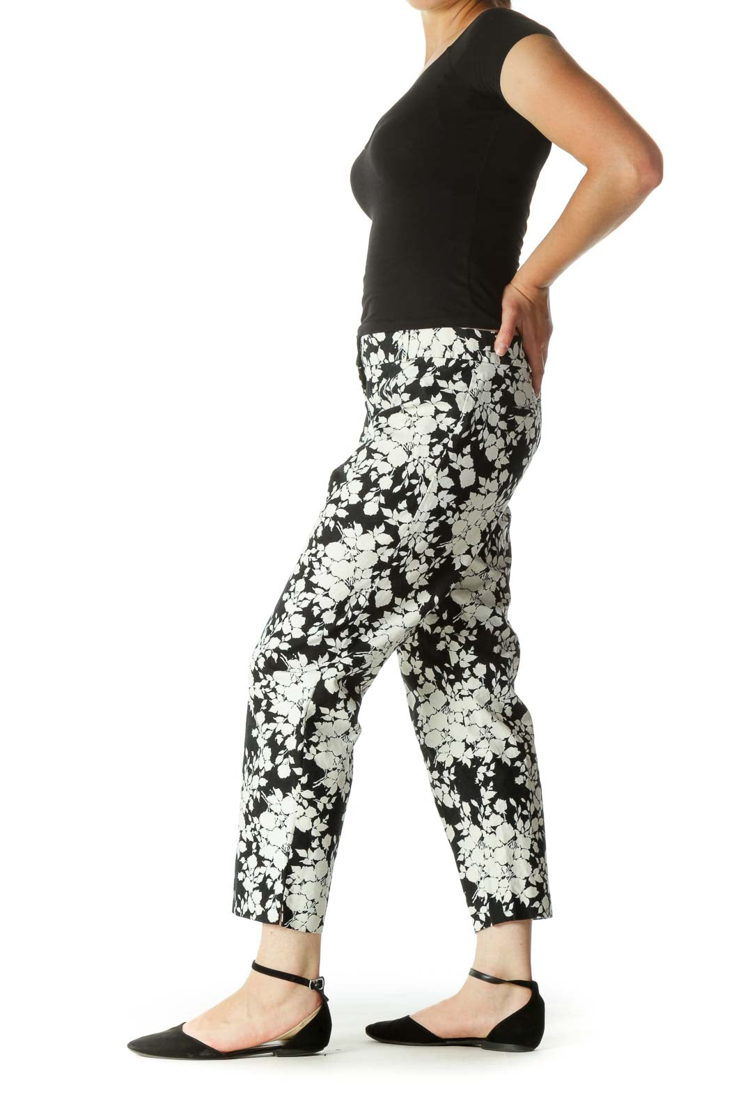 Black Cream Floral Print Stretch Tapered Pants