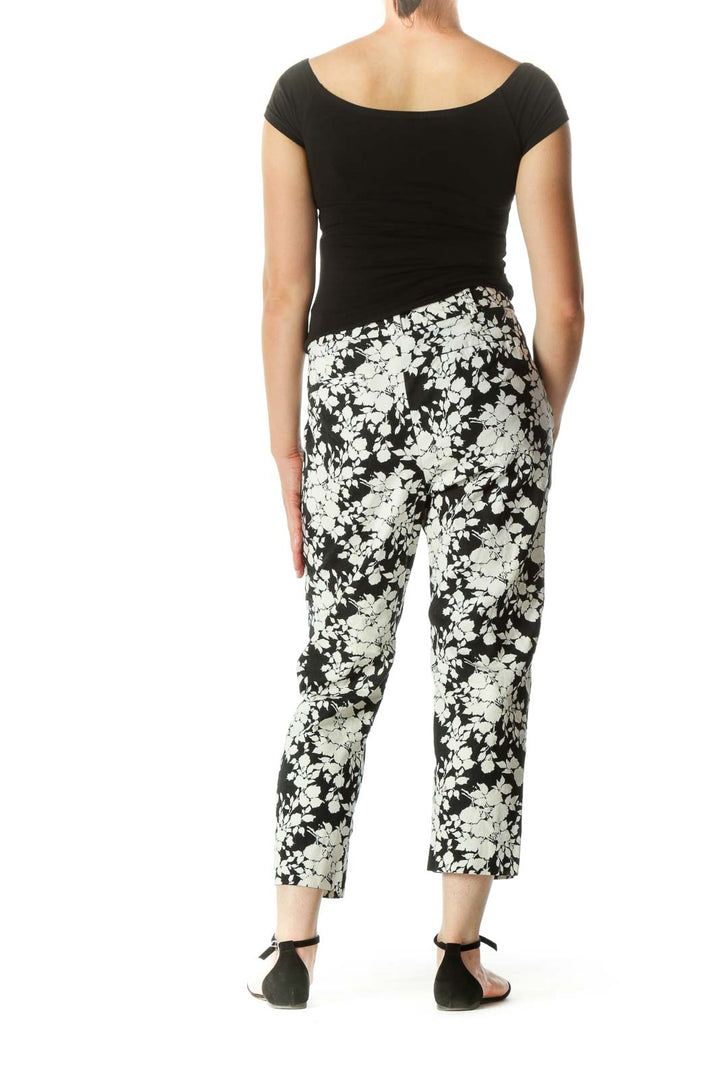 Black Cream Floral Print Stretch Tapered Pants