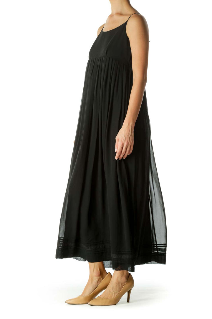 Black Silk Blend Pleated Lower Lace Trim Detail Dress