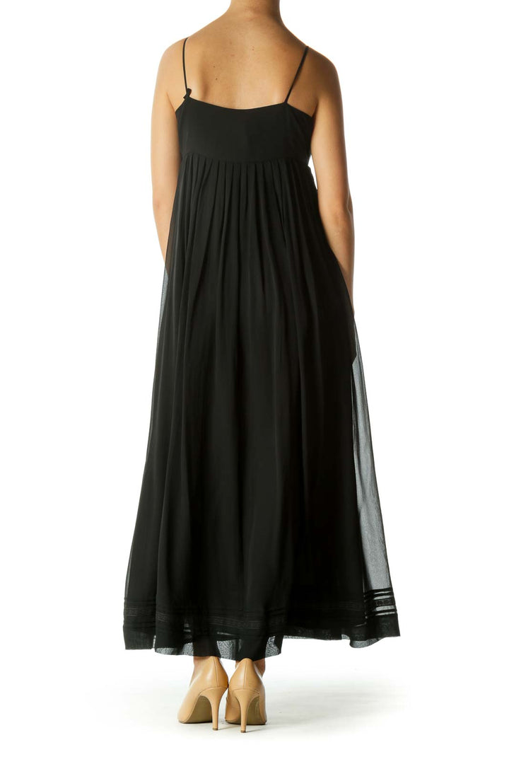 Black Silk Blend Pleated Lower Lace Trim Detail Dress