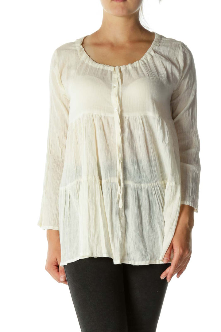 Beige Cotton Flared Sleeves Ruched Top