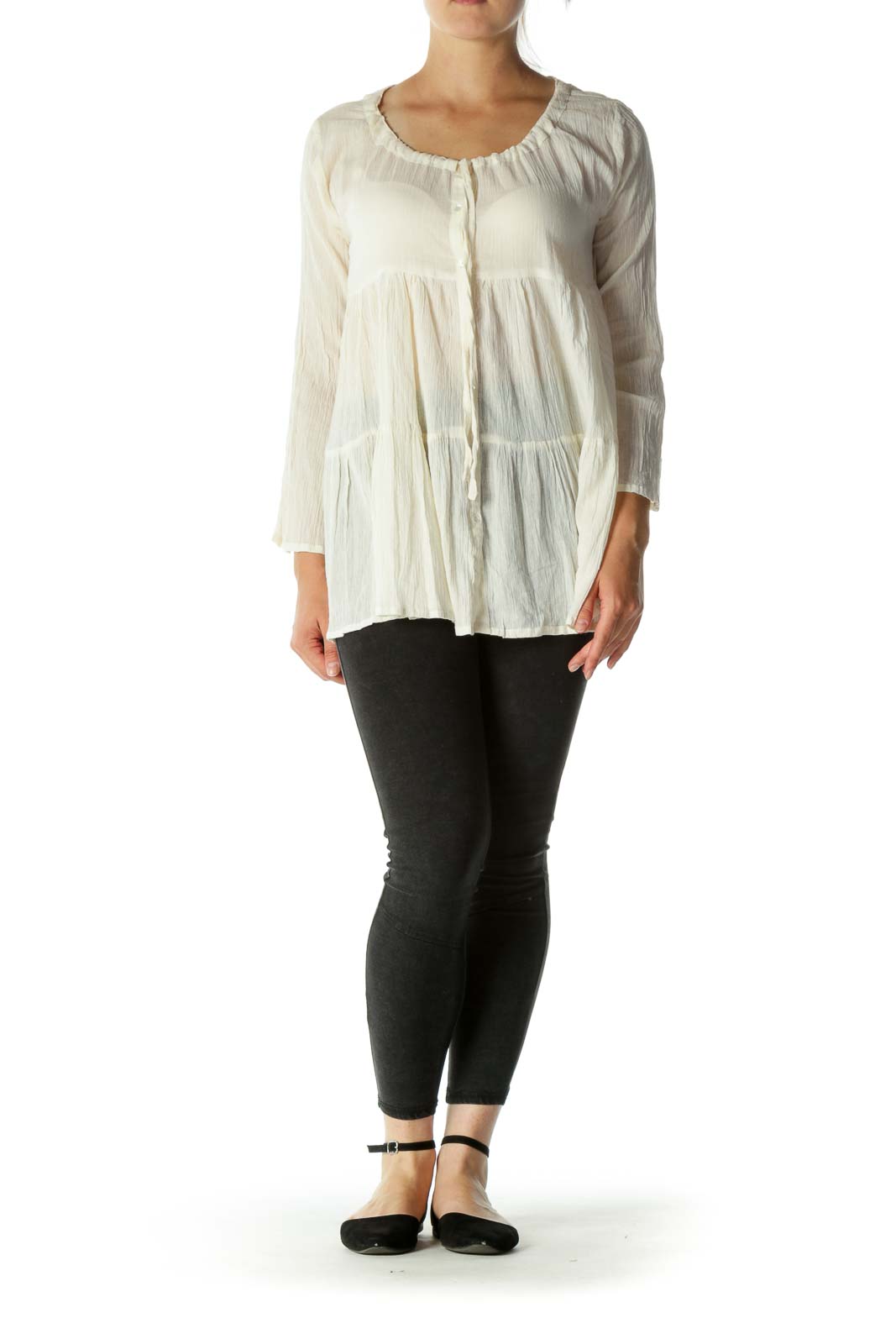 Beige Cotton Flared Sleeves Ruched Top