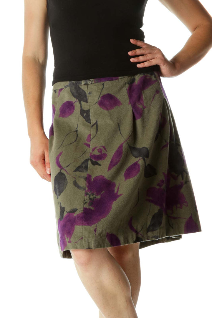 Green Purple Wool Floral Print Soft Textured A-Line Skirt