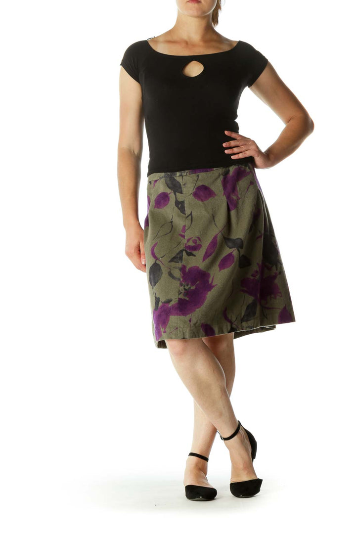 Green Purple Wool Floral Print Soft Textured A-Line Skirt