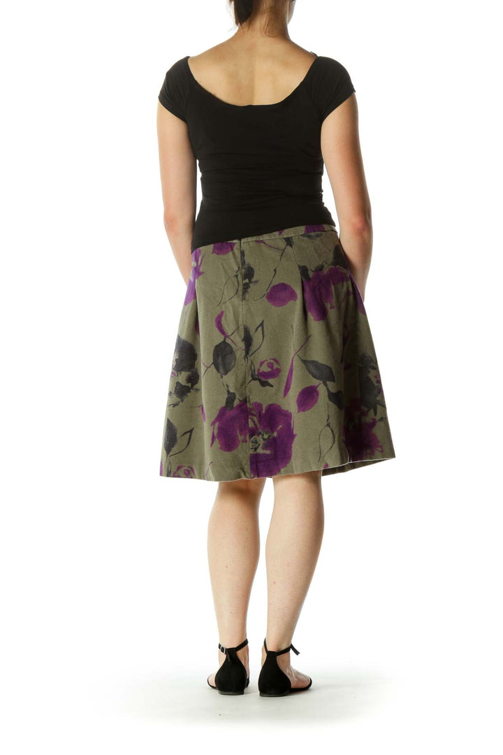 Green Purple Wool Floral Print Soft Textured A-Line Skirt