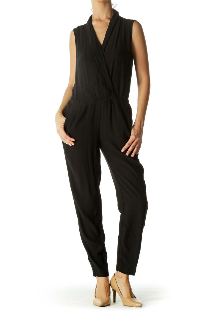 Black Surplice Elastic Waist Pocketed Jumpsuit