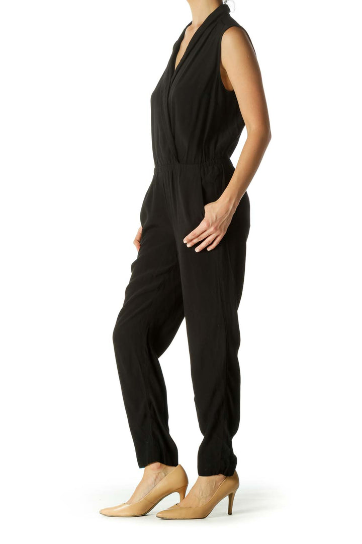 Black Surplice Elastic Waist Pocketed Jumpsuit