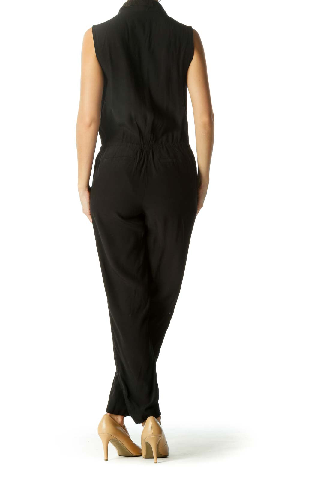 Black Surplice Elastic Waist Pocketed Jumpsuit