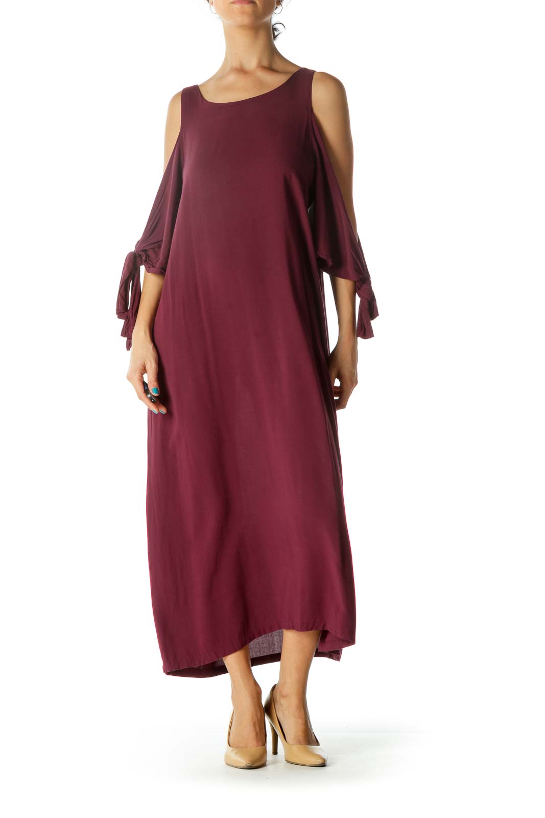 Burgundy Open Shoulder Tie Sleeves Dress