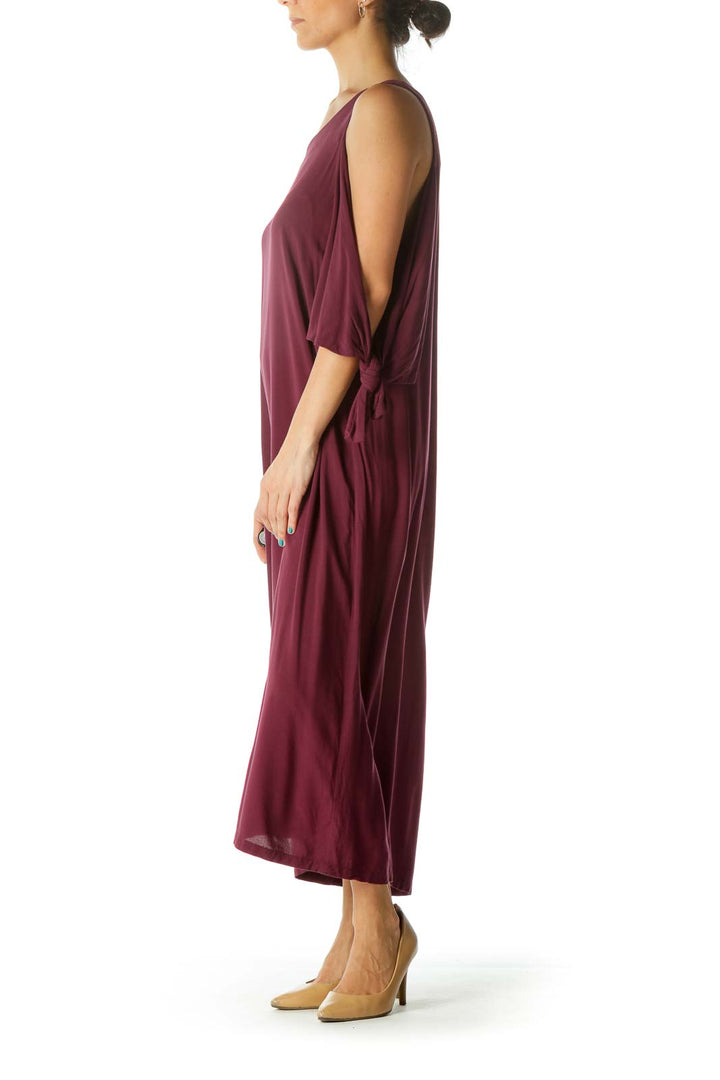 Burgundy Open Shoulder Tie Sleeves Dress