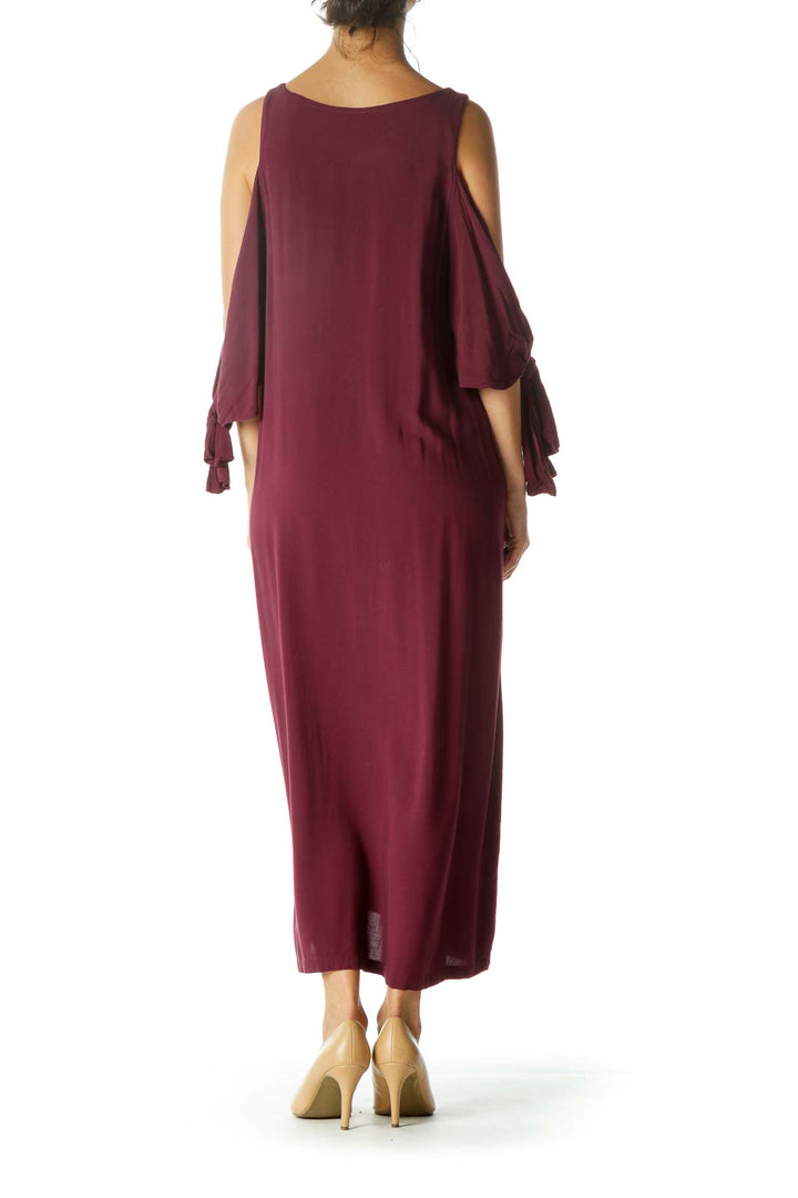 Burgundy Open Shoulder Tie Sleeves Dress