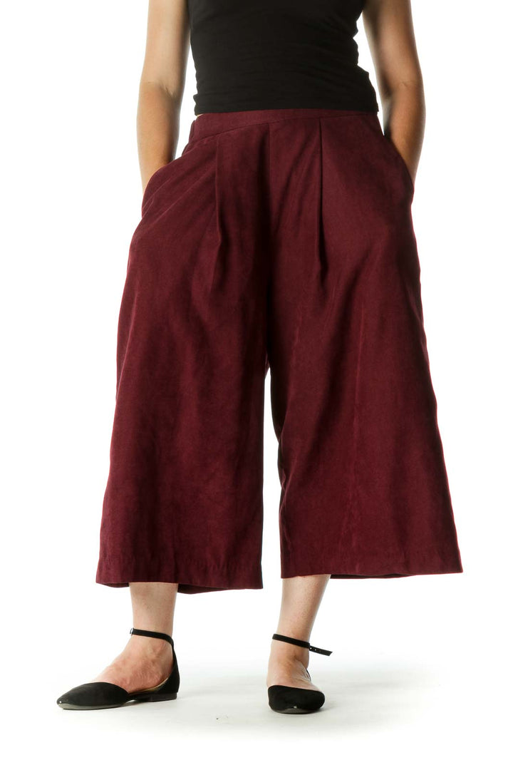 Burgundy Pocketed Textured Super High-Waist Culottes Pants