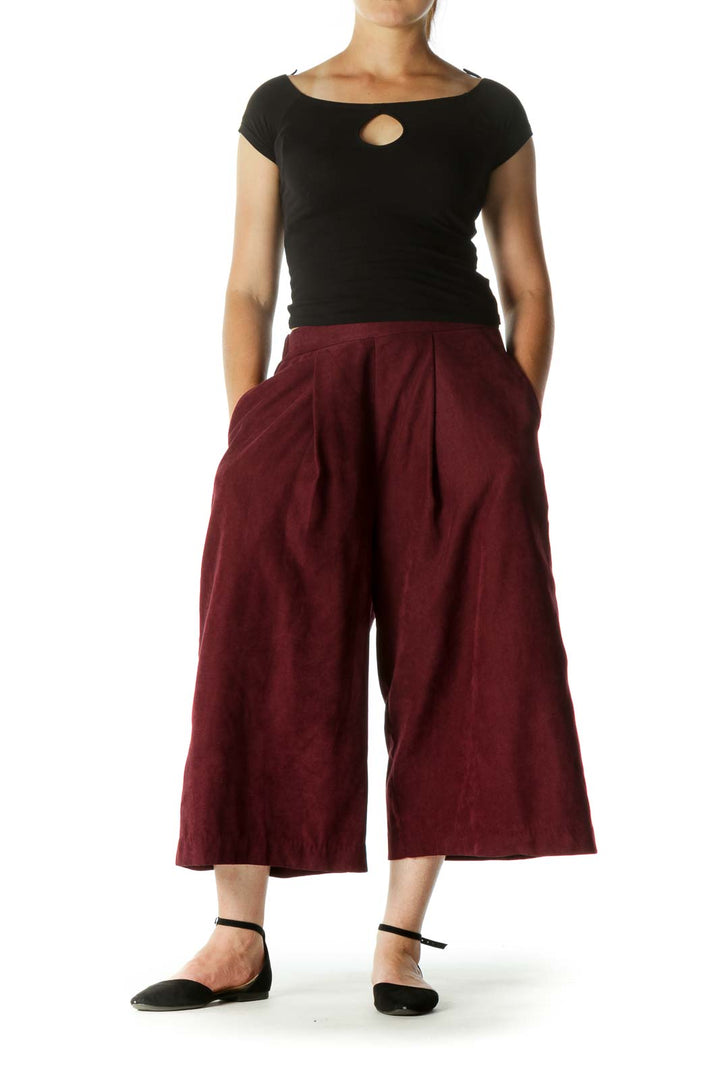 Burgundy Pocketed Textured Super High-Waist Culottes Pants