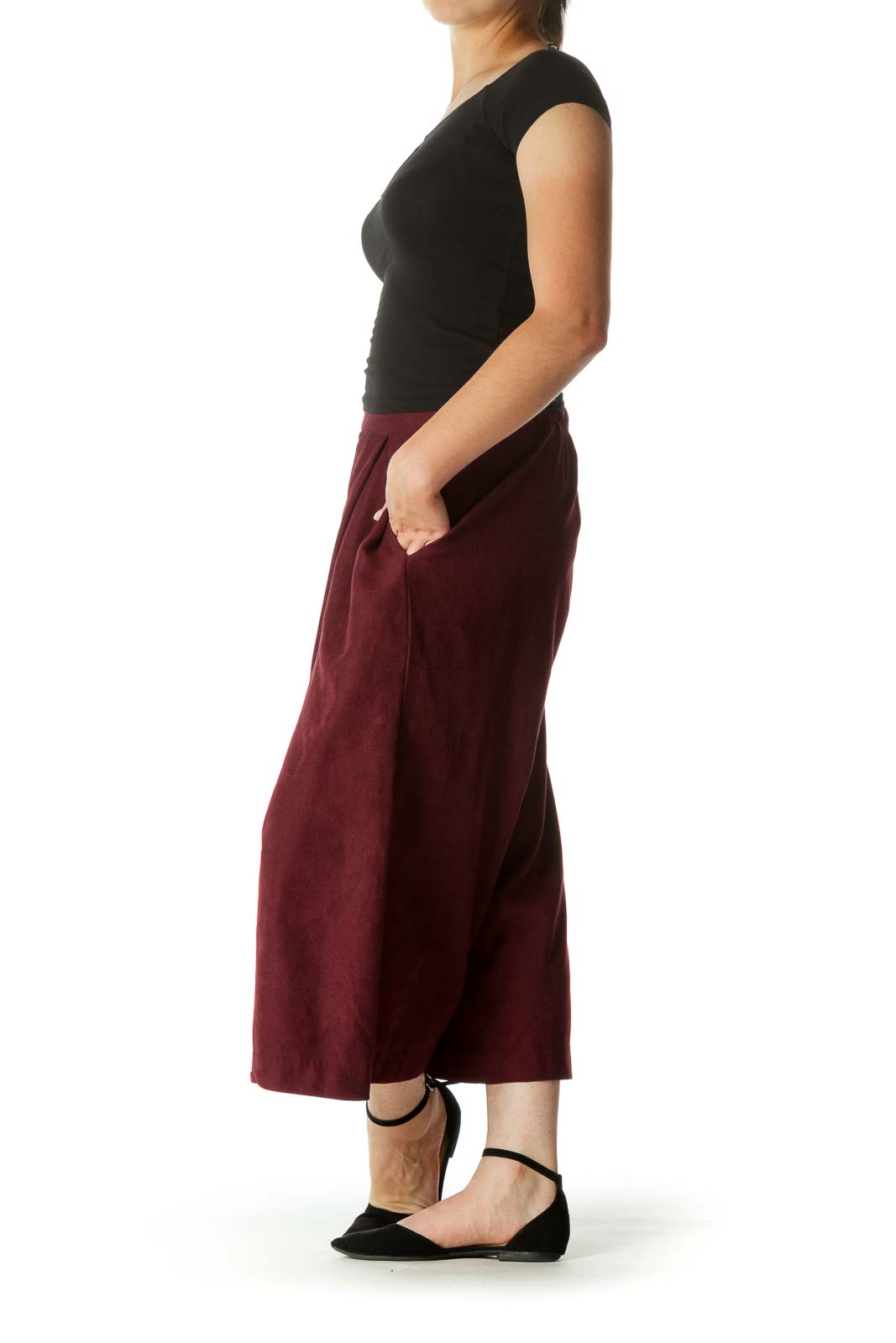 Burgundy Pocketed Textured Super High-Waist Culottes Pants