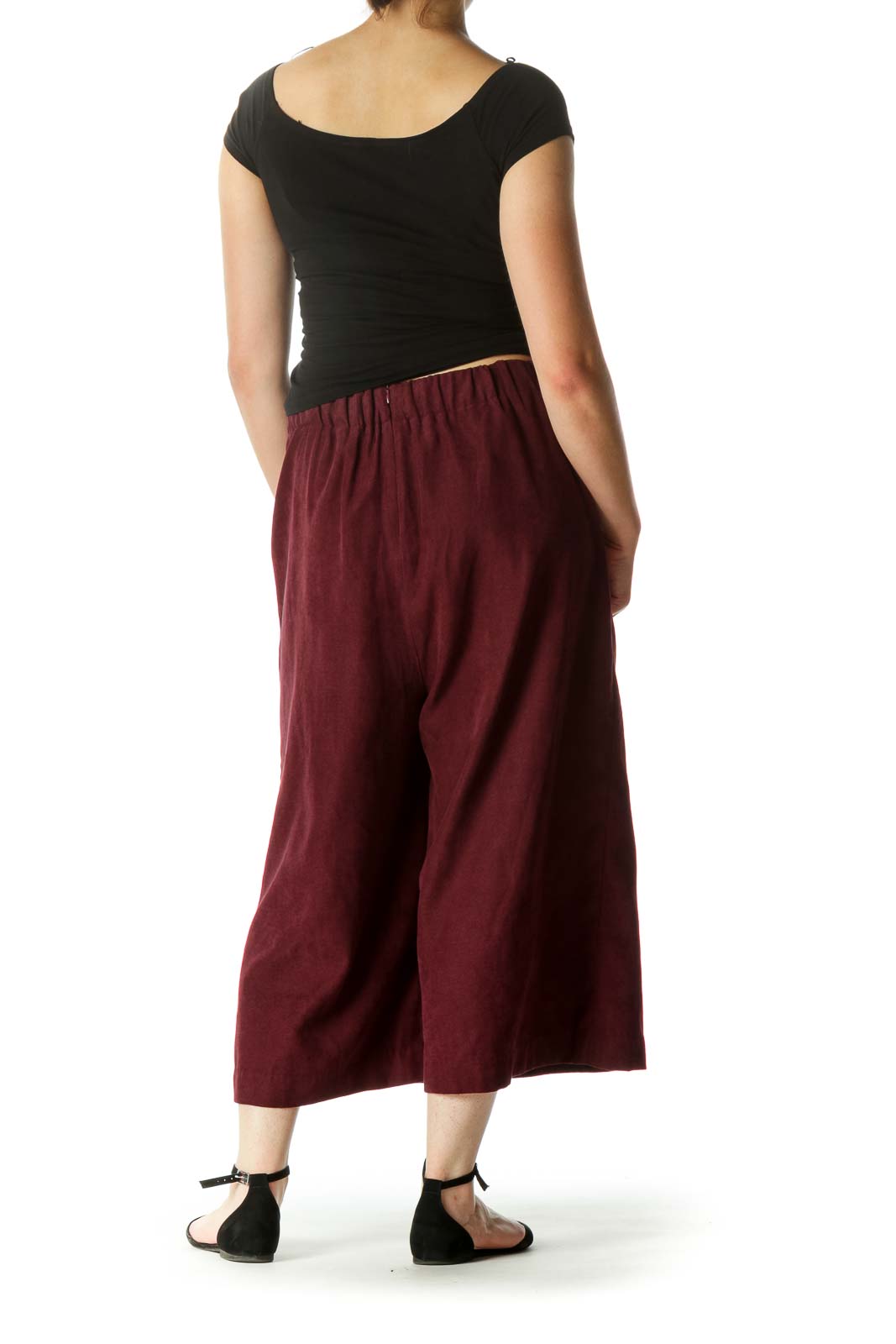 Burgundy Pocketed Textured Super High-Waist Culottes Pants