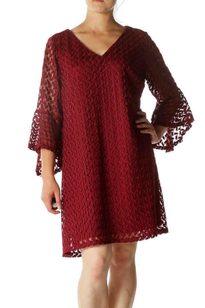 Burgundy Black V-Neck Textured Knit Flared Sleeves Dress