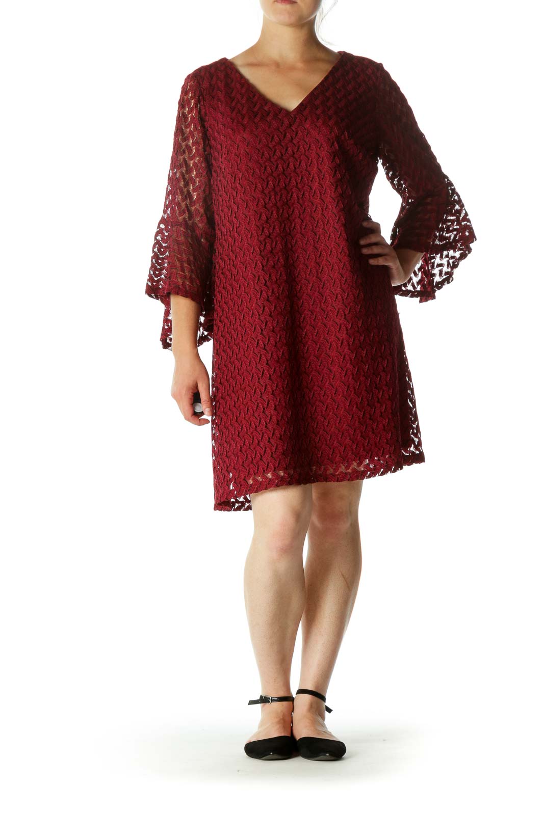 Burgundy Black V-Neck Textured Knit Flared Sleeves Dress