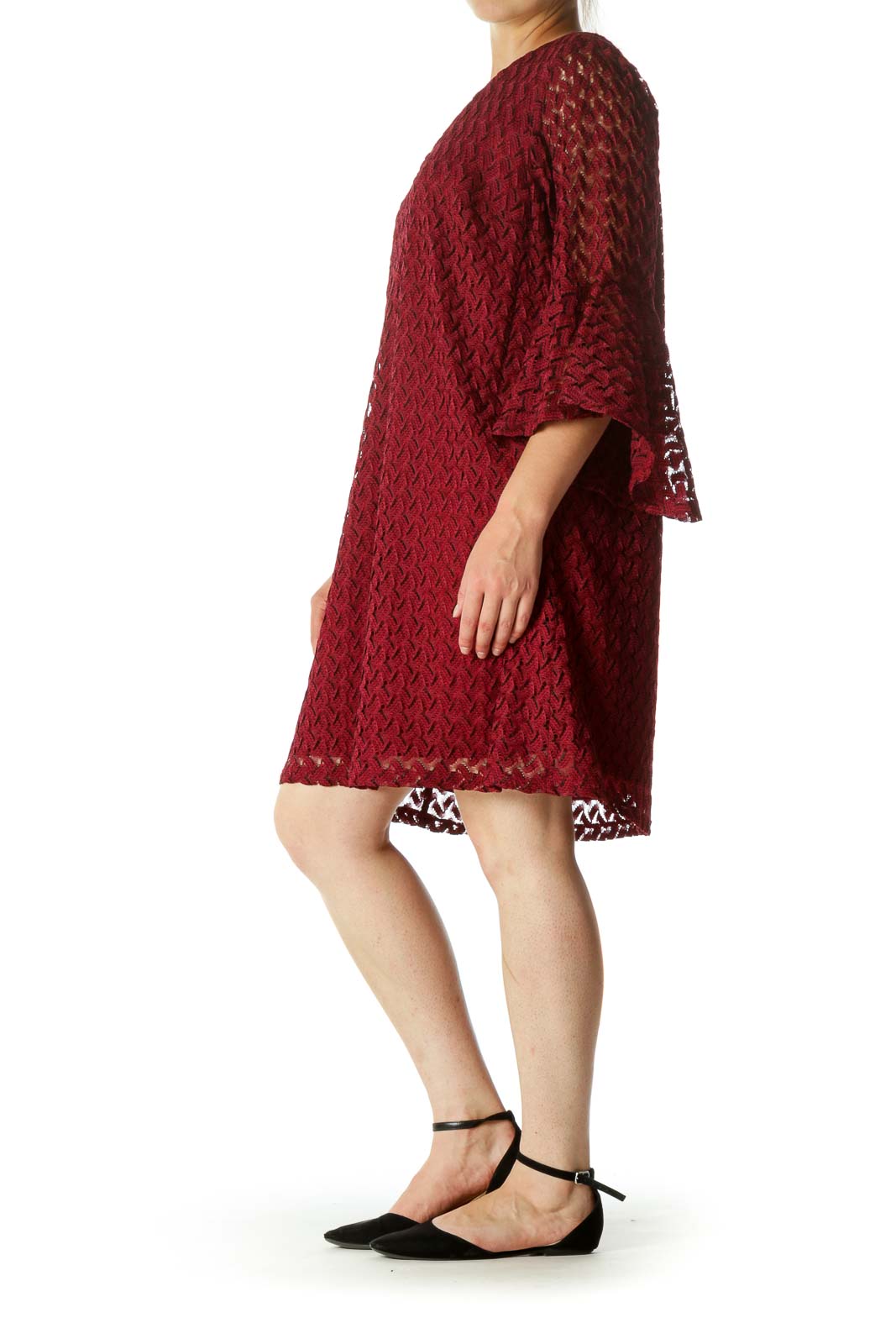 Burgundy Black V-Neck Textured Knit Flared Sleeves Dress