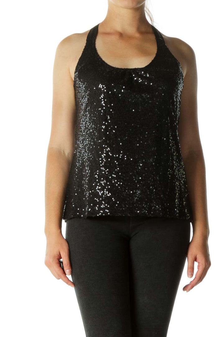 Black Sequined Thin Racerback Tank Tops