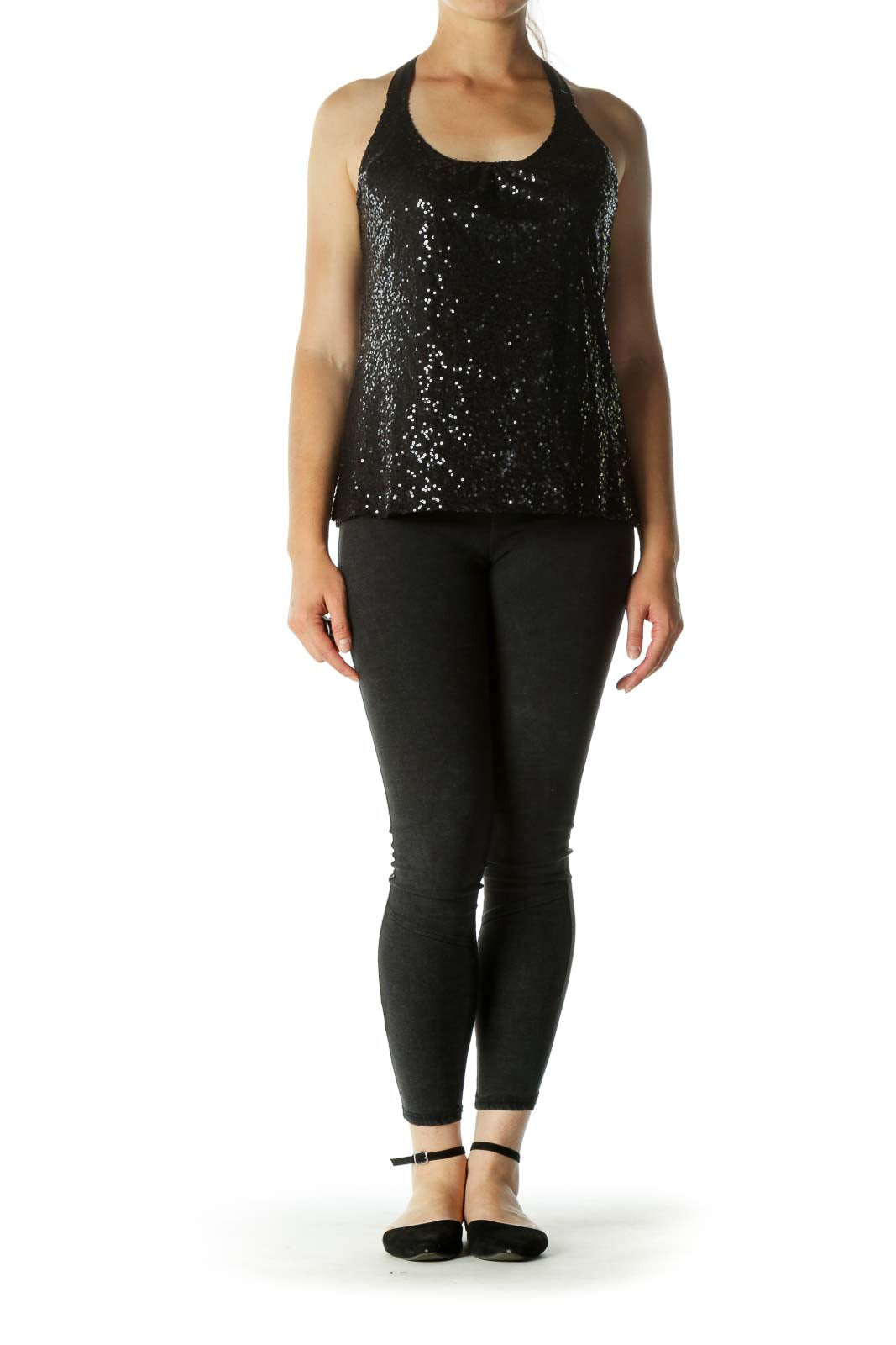 Black Sequined Thin Racerback Tank Tops