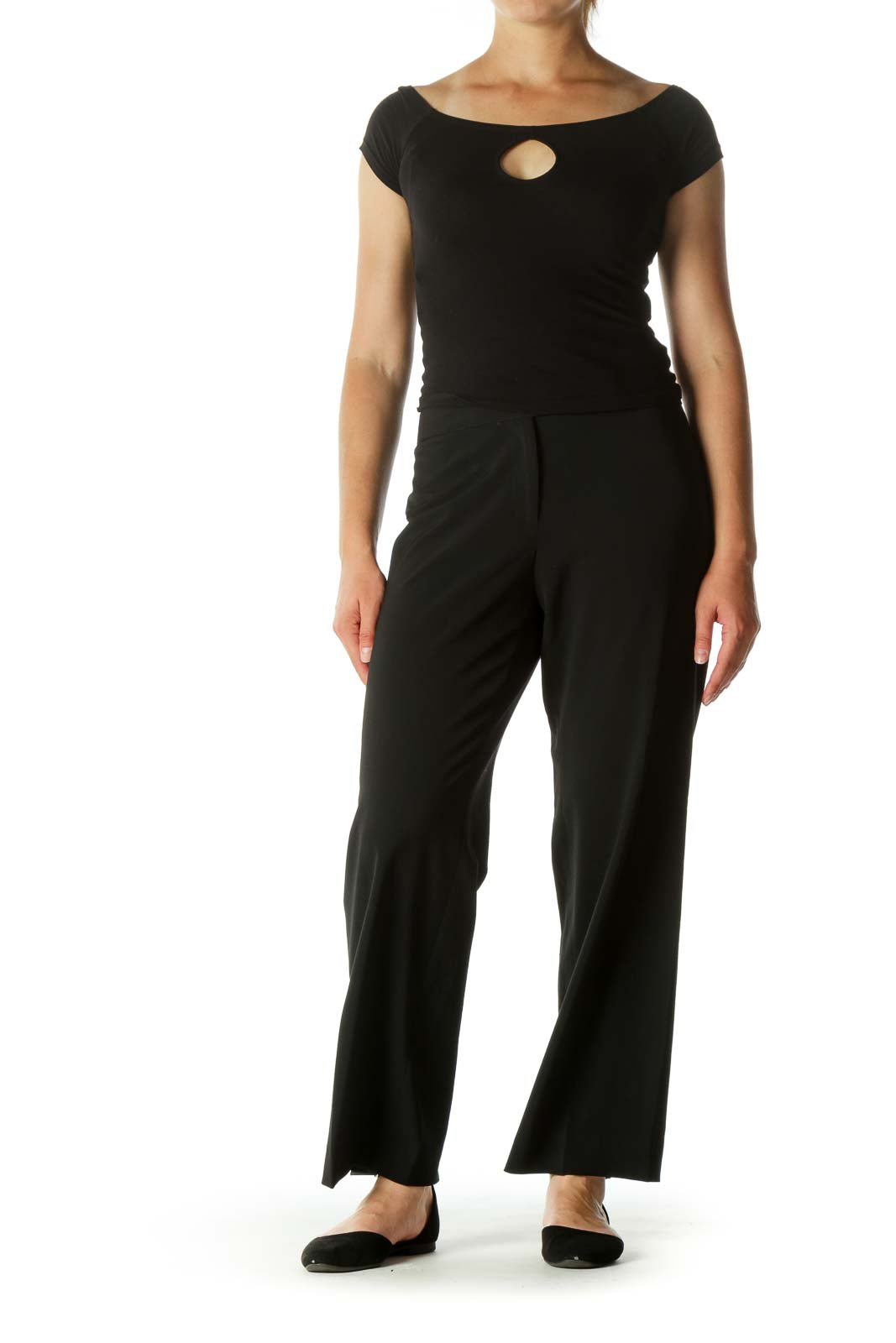 Black Buttoned Stretch Straight Leg Slacks