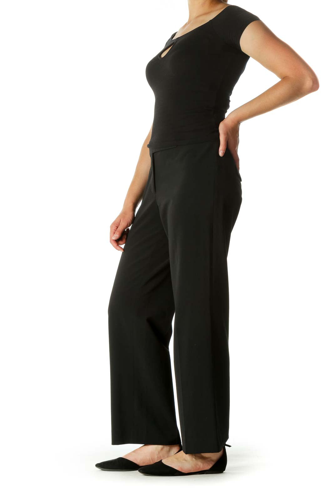 Black Buttoned Stretch Straight Leg Slacks