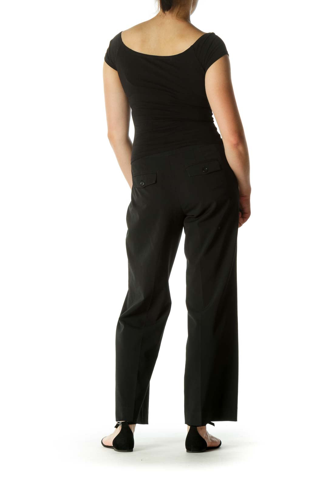 Black Buttoned Stretch Straight Leg Slacks